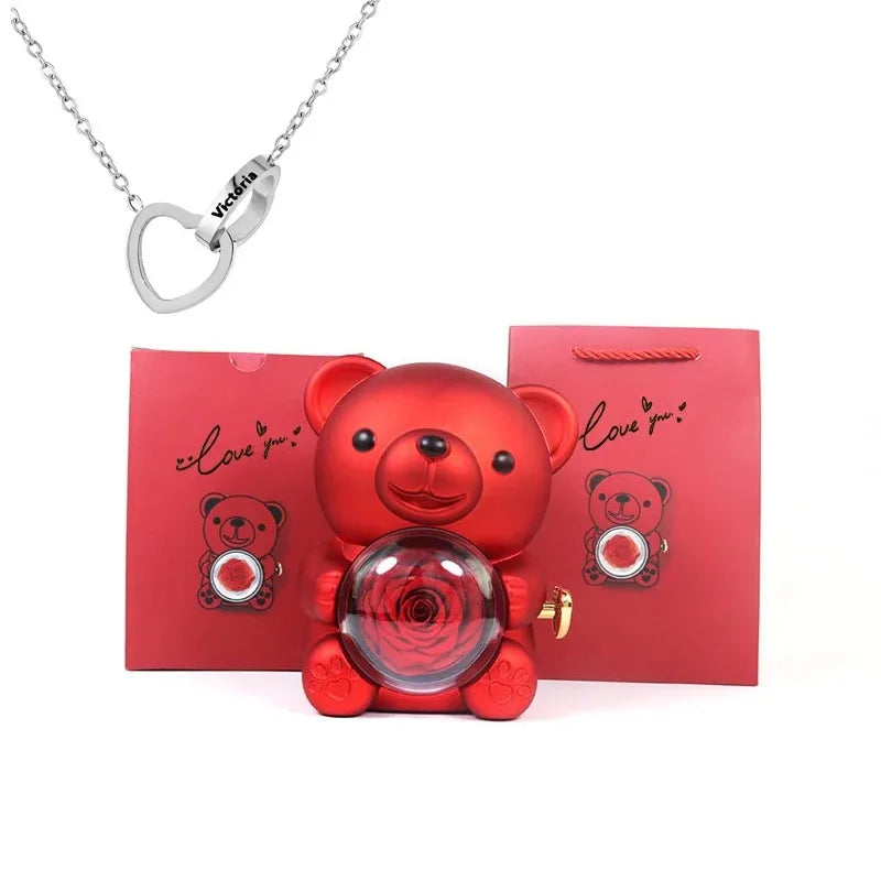 LovelyPresents – Luxe Eternal Rose Teddy Bear met Gepersonaliseerde Naamketting