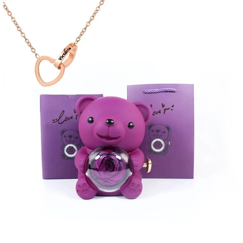 LovelyPresents – Luxe Eternal Rose Teddy Bear met Gepersonaliseerde Naamketting