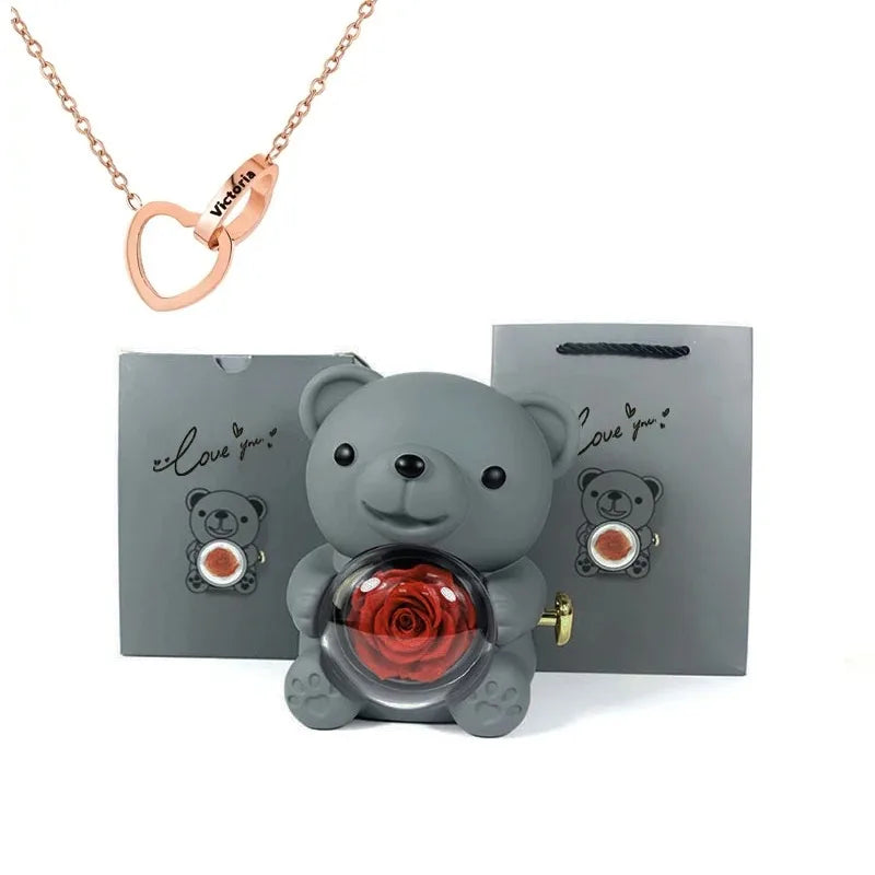LovelyPresents – Luxe Eternal Rose Teddy Bear met Gepersonaliseerde Naamketting