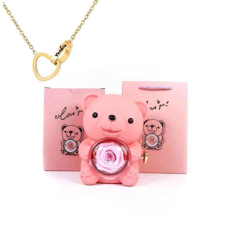 LovelyPresents – Luxe Eternal Rose Teddy Bear met Gepersonaliseerde Naamketting